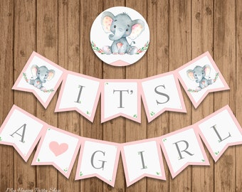 Pinker Elefant-Baby-Dusche-Banner, es ist ein Mädchen Printable (digitaler Download) - BSU046PI