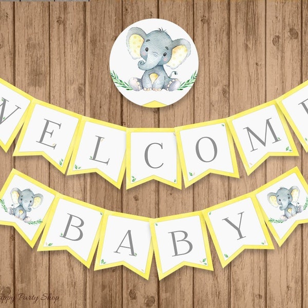 Yellow Elephant Baby Shower Banner, PRINTABLE, Welcome Baby, Gender Neutral, Little Peanut, INSTANT DOWNLOAD - Digital (13 Flags) - BSU046Y