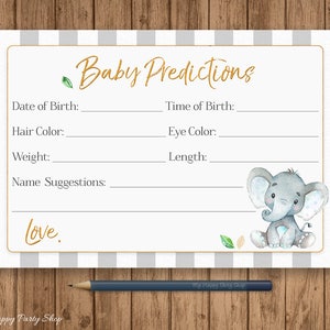 Tarjeta de predicciones de bebé elefante, IMPRIMIBLE, Baby Shower tema elefante, elefante azul, acuarela, rayas, descarga instantánea - BSU046B
