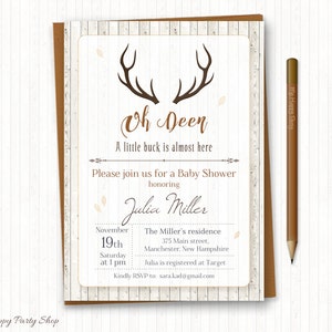 Invito rustico per baby shower a tema cervo, STAMPABILE, sfondo in legno, invito con tema bosco, piccolo cervo, Oh Deer - 5x7, file digitale - BSB005