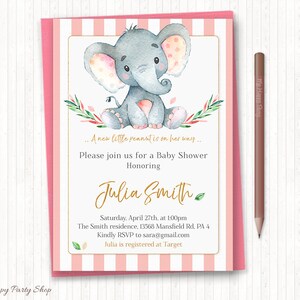 Elephant Baby Shower Invito, STAMPABILE, È un elefante acquerello ragazza, blu e grigio piccola nocciolina, strisce, file digitale - BSU046PI