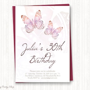 Frauengeburtstag Einladungsset, Butterfly Einladung, Pink & Orange Watercolor, Adult Party, PRINTABLE, 20., 30., 40., 50., 60.-AW004