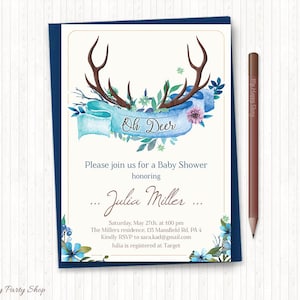 Antlers floreale Baby doccia invito, Blue Boy Baby doccia invito, invito rustico, Woodland, Oh Deer, File stampabile, Digital - BSU039B