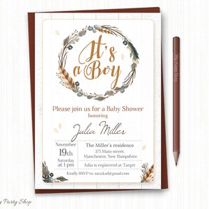 Invito per baby shower in piuma tribale, STAMPABILE, Invito con ghirlanda di piume, invito Boho, Piuma di ghirlanda country, Digitale - BSB006