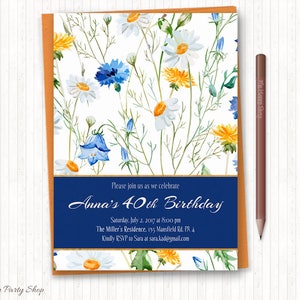 Daisy Geburtstagseinladung, Florale Einladung, Frauen Geburtstag, Aquarell Gänseln, Blau & Orange, 40., 50., 60., 70., DRUCKBAR - AW030