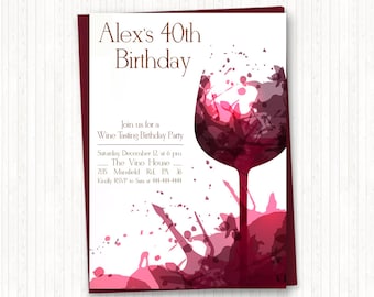 Wine Birthday Invitations, Adult Birthday, Wine Tasting, Adult Party, PRINTABLE 5x7, 30th, 40th, 50th, 60th, 70th, 80th - AU002
