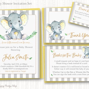 Yellow Elephant Baby Shower Invitation Set, IMPRIMIBLE, Little Peanut, (Invitación, tarjeta de agradecimiento, solicitud de libro, rifa de pañales) - BSU046Y