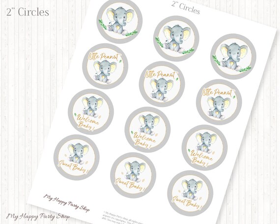 Stickers, Labels & Tags Paper Yellow Elephant Circles DIY 2 Baby Shower ...