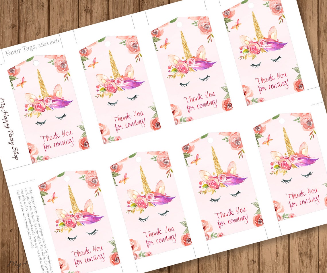 Unicorn Thank You Tags PRINTABLE Unicorn Tags Floral Pink | Etsy