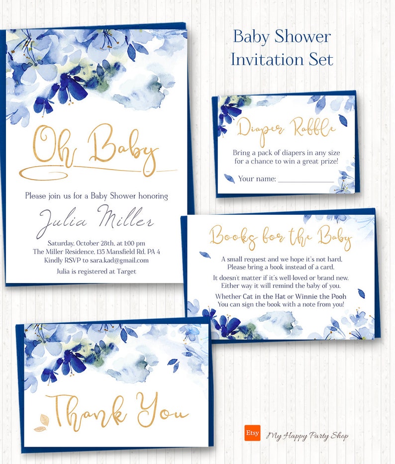 Blue Floral Baby Shower Invitation Set PRINTABLE Boy Baby Etsy