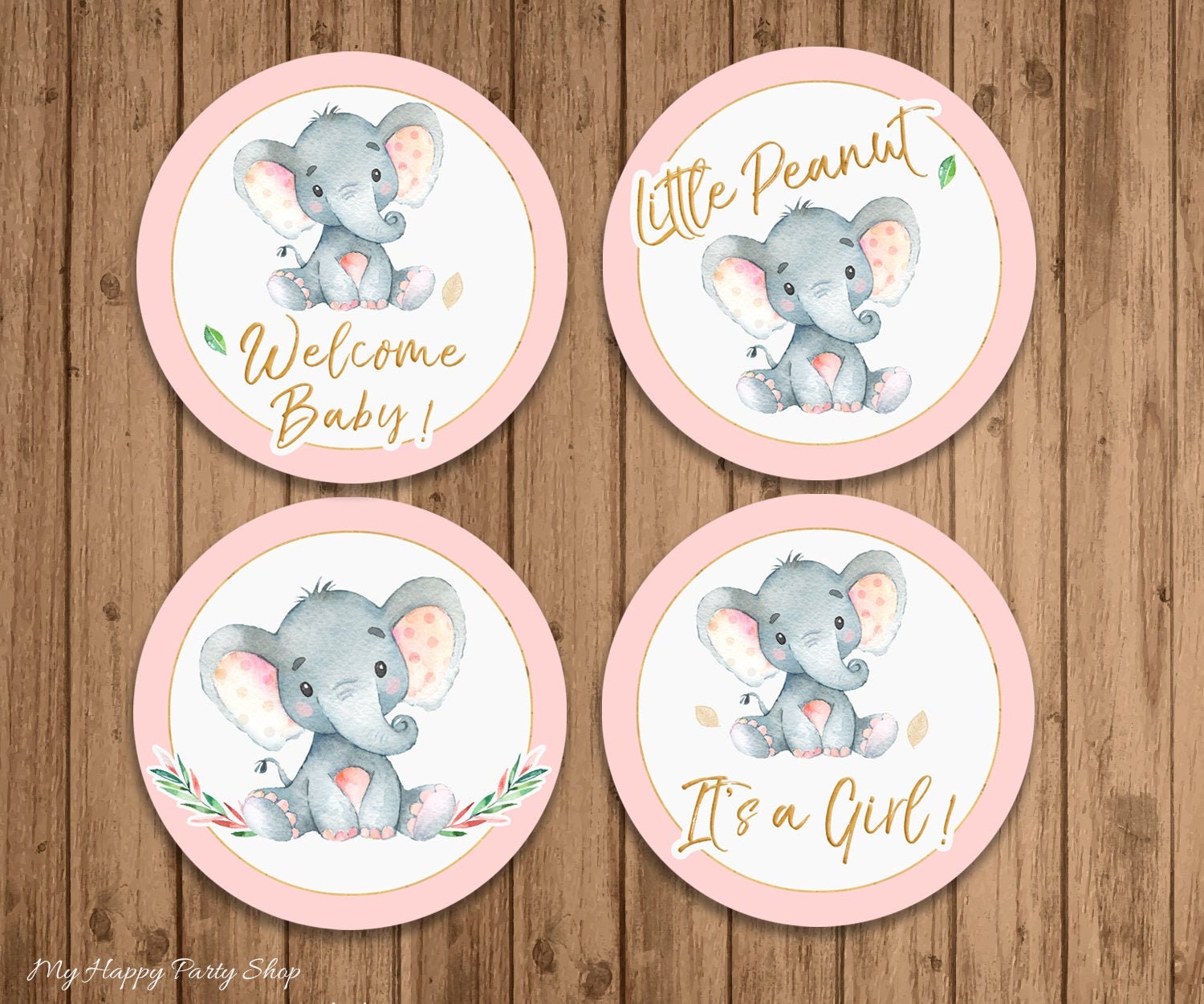 2 Baby Shower Toppers PRINTABLE Pink Elephant Circles | Etsy