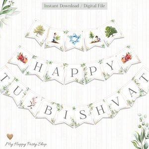 May include: A printable banner with green foliage and gold accents that reads "Happy Tu B'Shvat". The banner features images of pomegranates, a Star of David, and trees.