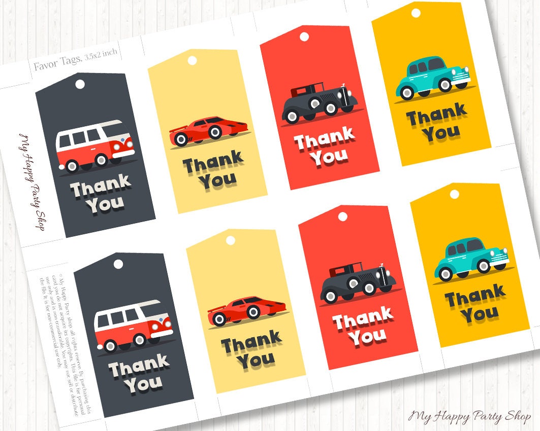 Retro Cars Thank You Tags PRINTABLE Cars Birthday | Etsy