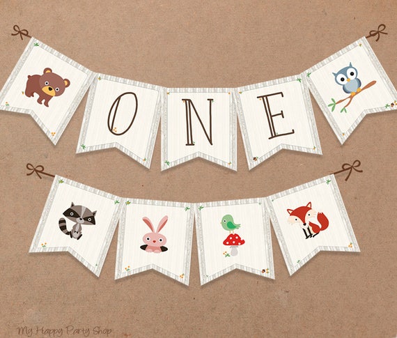 ONE Banner PRINTABLE Woodland Birthday Banner Woodland | Etsy
