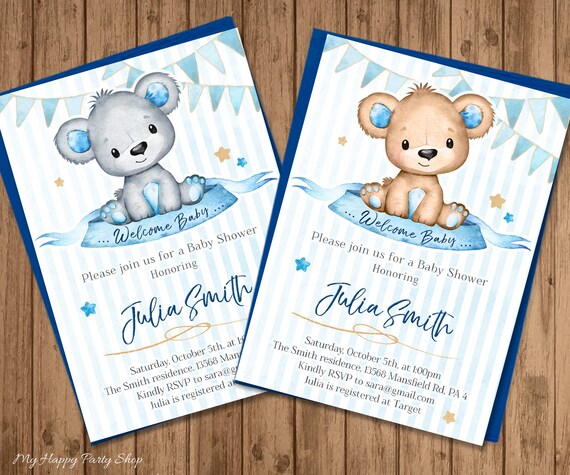 Bear Baby Shower Invitation Printable Blue Teddy Bear Invite for