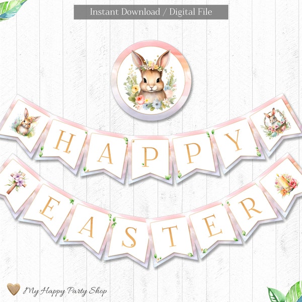 Happy Easter Banner, printable, Easter Bunting Banner, Easter Party Decor, Easter bunny, Spring Banner, Instant Download, digital - HES002