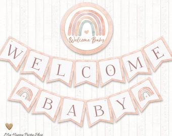 Rainbow Baby Shower Banner, PRINTABLE, Welcome Baby, Blush Rainbow. Boho Rainbow Baby Shower, INSTANT DOWNLOAD - Digital File - BSU069N
