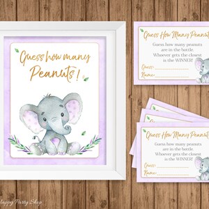 May include: Purple and gold printable game cards with a cute cartoon elephant. The cards say "Guess How Many Peanuts" and have a space to write in a guess and name.