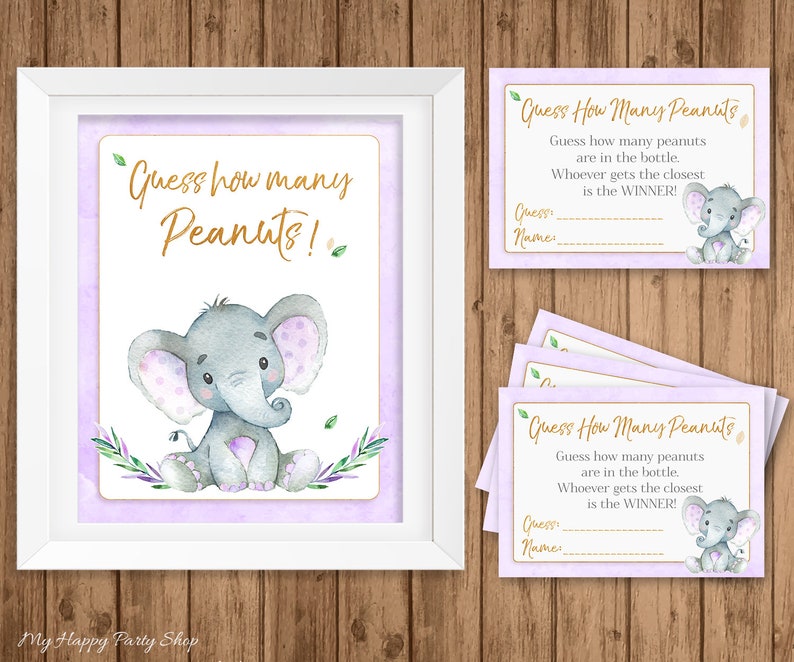 May include: Purple and gold printable game cards with a cute cartoon elephant. The cards say "Guess How Many Peanuts" and have a space to write in a guess and name.