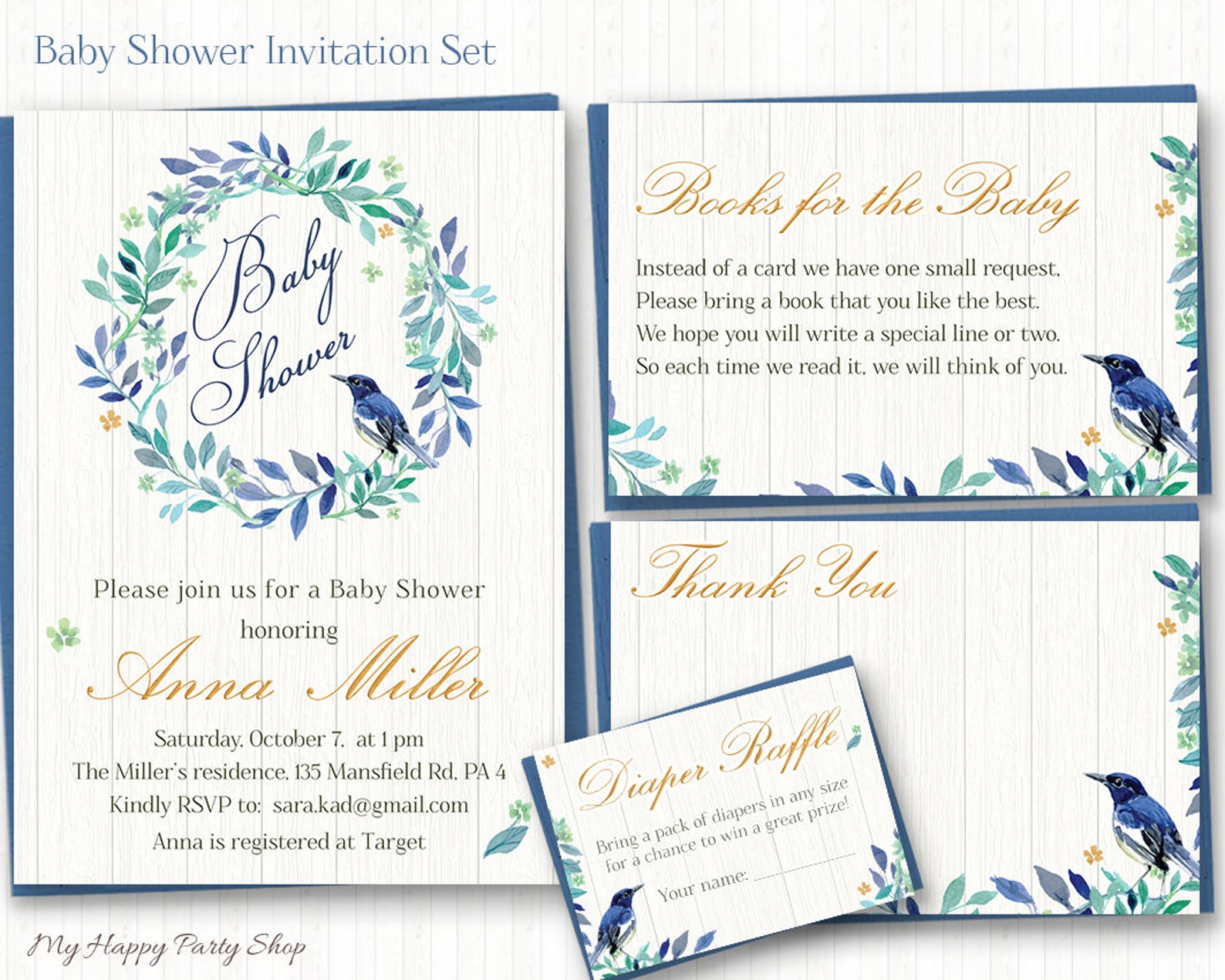 Bird Baby Shower Invitation PRINTABLE Blue Bird Watercolor Etsy