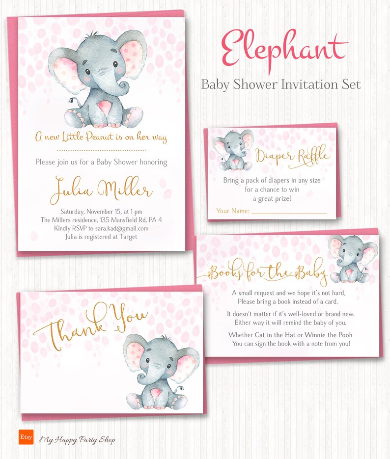 Pink Elephant Baby Shower Invitation Set PRINTABLE Girl Baby Etsy