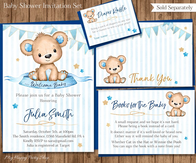 Teddy Bear Thank You Card Printable Bear Baby Shower Blue - Etsy