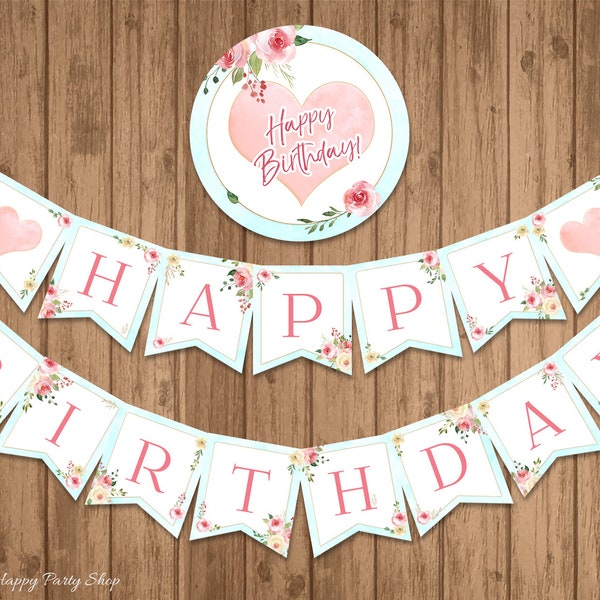 Happy Birthday Banner, PRINTABLE, Roses Birthday Banner, Shabby Chic Banner, Boho Birthday Bunting, INSTANT DOWNLOAD, Digital - BSG016