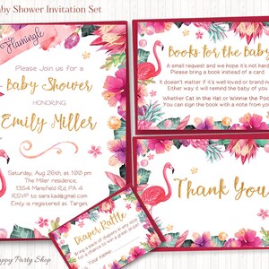 Flamingo Baby Shower Invitation Set, IMPRIMIBLE, Tropical, Rosa, Verano (Invitación, tarjeta de agradecimiento, solicitud de libro, sorteo de pañales) - BSG011