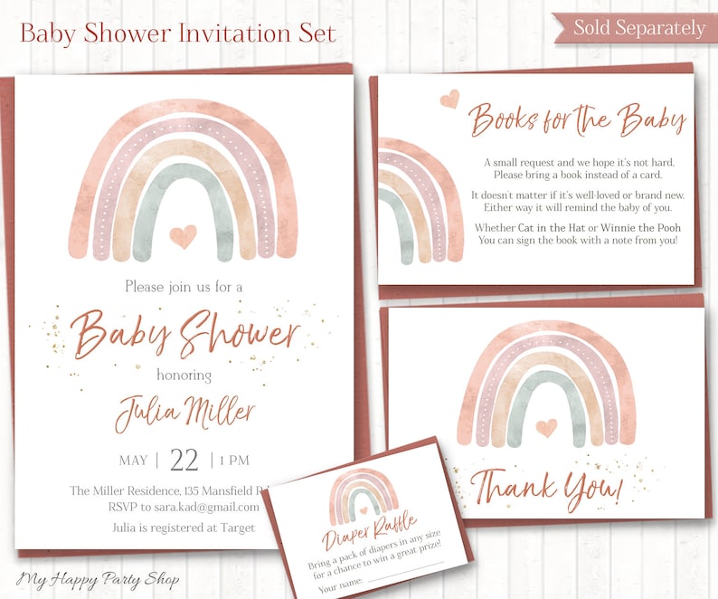May include: A set of printable baby shower invitations featuring a watercolour rainbow design in shades of pink, peach, and grey. The invitations include a main invitation, a "Books for the Baby" request card, a "Diaper Raffle" card, and a "Thank You" card.