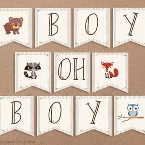Woodland Baby Shower Banner, PRINTABLE, Boy Oh Boy. Animals Sign, Boy Shower, Owl, Bear  Digital file (11 Flags), INSTANT DOWNLOAD - BSU001