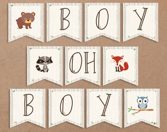 Skogsmark babyshowerbanderoll, utskrivbar, pojke oh pojke. Djurskylt, pojkeshower, uggla, björn digital fil (11 flaggor), direkt nedladdning - BSU001