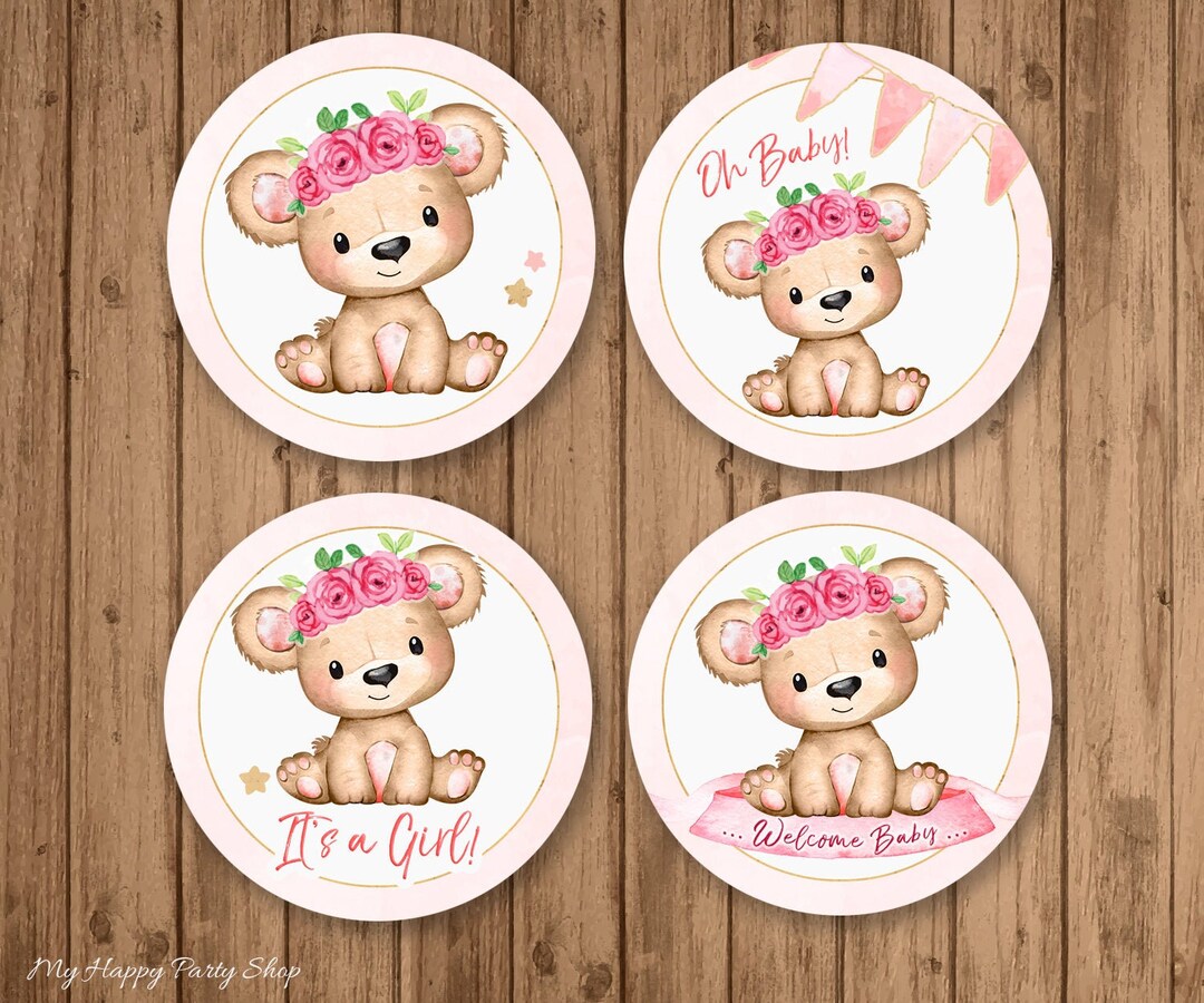 Pink Teddy Bear Baby Shower Cupcake Toppers, PRINTABLE, 2 Circles, Baby