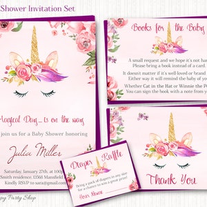 Roze en gouden eenhoorn babyshower uitnodigingsset, AFDRUKBAAR, bloemen (uitnodiging, bedankkaart, boekverzoek, luierloterij) - BSG014