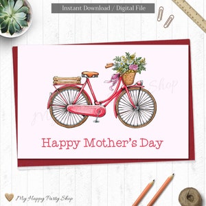 carte pour la fête des mères | Imprimable I cadeau fête des mères | Meilleure carte de maman | Vélo et fleurs | Téléchargement instantané, fichier numérique - CMD002