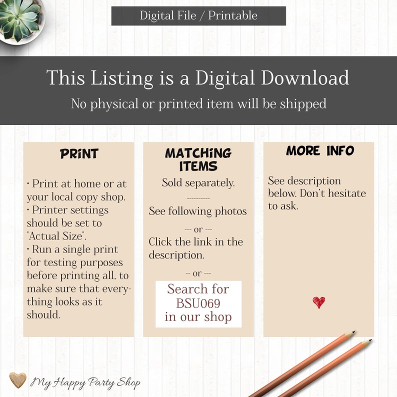 May include: A digital download listing for printable items. The text reads "This Listing is a Digital Download. No physical or printed item will be shipped." The listing includes three sections: "Print", "Matching Items", and "More Info".