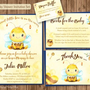 Blue Bee Baby Shower Invitation Set, IMPRIMABLE, Thème Little Bee, Numérique - Invitation, carte de faveur, demande de livre, tirage au sort de couches - BSU060B