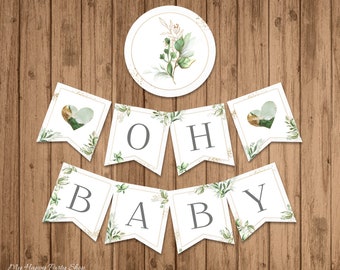 Oh Baby banner, AFDRUKBAAR, groen babyshower banner, bloemen babyshower, genderneutraal, INSTANT DOWNLOAD - digitaal bestand - BSU066