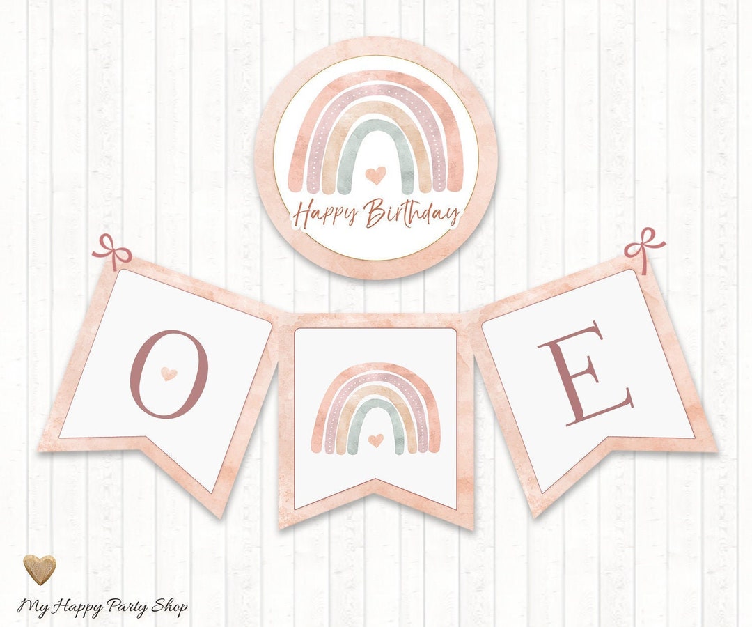 Rainbow Birthday Banner, PRINTABLE, One Banner, First Birthday, Blush Rainbow. Boho Rainbow Bday ...
