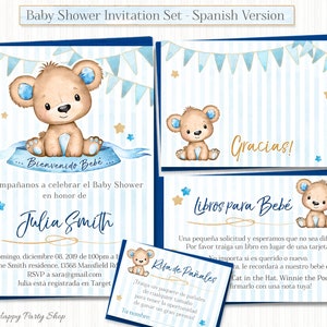 Junge Teddybär Baby Shower Spanische Einladung, PRINTABLE, (Einladung, Dankeskarte, Buchwunsch, Windelverlosung) - BSU063BBS