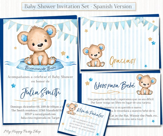 Boy Teddy Bear Baby Shower Spanish Invitation Set, PRINTABLE, invitation,  Thank You Card, Book Request, Diaper Raffle BSU063BBS 