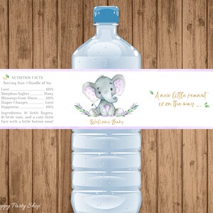 May include: A purple and white baby shower water bottle label with a cute gray elephant illustration and the text "A new little peanut is on the way..." and "Welcome Baby".