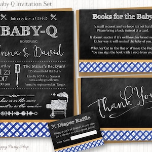 Blauwe BABY-Q Douche Uitnodiging Set, PRINTABLE, Jongen BBQ, Gezamenlijke Douche, Digitaal - Uitnodiging, gunst kaart, boek aanvraag, luier verloting - BSU020B