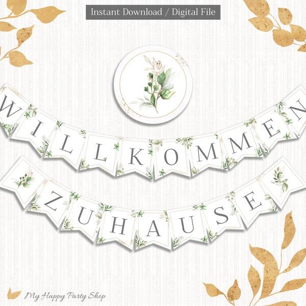 Welcome Home Banner, PRINTABLE, Willkommen Zuhause, German Banner, Greenery, Welcome Back Party, INSTANT DOWNLOAD - Digital File - BSU066