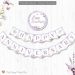 Happy Anniversary Banner, PRINTABLE, Floral Anniversary Banner, Party Decor, Lavender Bunting, INSTANT DOWNLOAD, Digital File - BSU080