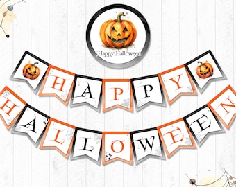 May include: A Halloween-themed banner with the words "Happy Halloween" in orange and black. The banner features a watercolor pumpkin illustration and spiderweb accents. A circular graphic with a pumpkin and the words "Happy Halloween" is at the top.