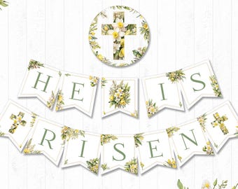 Banner de Él ha resucitado / Banner de Pascua / imprimible / Decoración de Pascua / Conejito de Pascua / Banner de primavera / Descarga instantánea / digital / HES007