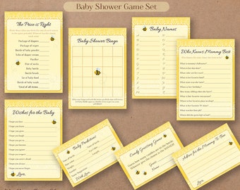 Zestaw gier na baby shower Bee, DO DRUKU, Gry na baby shower Bee, Zestaw 8, Motyw pszczół, Mama pszczółki, Natychmiastowe pobranie, Plik cyfrowy - BSU003