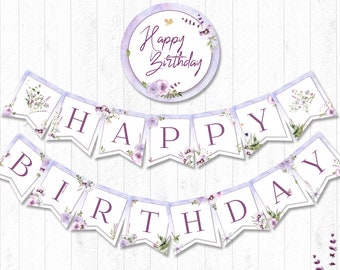 Alles Gute zum Geburtstag-Banner, DRUCKBAR, Blumen-Geburtstagsbanner, Geburtstagsparty-Dekor, Lavendel, Lila, SOFORTIGER DOWNLOAD, digitale Datei - BSU080