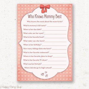 Quem conhece o melhor cartão da mamãe - IMPRIMÍVEL, jogos de chá de bebê, chá de bebê de menina, rosa quem conhece a mamãe, download instantâneo, corações rosa - BSG004