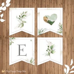 Puede incluir: Bandera imprimible verde y dorada con la letra E y un coraz&oacute;n con un dise&ntilde;o dorado y verde. La bandera es perfecta para una boda u otro evento especial.
